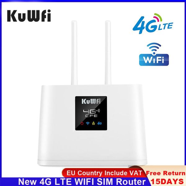 Routers Kuwfi Router 4G LTE 150Mbps 4G SIM Módem de enrutador wifi desbloqueado con 2 piezas de antenas externas Wan/LAN Port Sim Ranura de ranura incluye