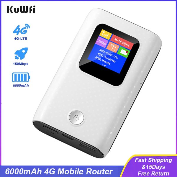 Enrutadores KuWfi Desbloqueo 4G LTE 150Mbps Punto exterior 6000mah Móvil inalámbrico Wifi Módem portátil con ranura para tarjeta Sim 230412