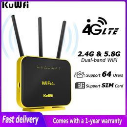 Routers KUWFI Wireless 4G Router 1200Mbps 4G/5G Dual Band Wifi Router Sim Card WiFi Hotspot Modem Support 64 Gebruiker met Gigabit LAN -poort