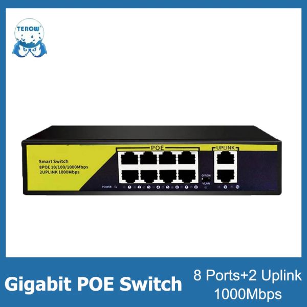 Routers Terow Gigabit Poe Switch 10 Puertos 1000Mbps Ethernet Switch Fast Switch 8 Puerto con 2 puerto de enlace ascendente para la cámara IP/enrutador WiFi WiFi inalámbrico