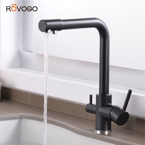 ROVOGO Filtre Robinet De Cuisine Mélangeur Froid Et Chaud Filtre À Eau Potable 3 Voies Évier Robinet Mélangeur Grue Noir Fini T200805