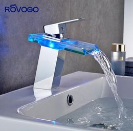 Rovogo LED Basin Robinet en laiton Couleurs de température de la cascade Changer le robinet de l'évier de la salle de bain froide et 5623656
