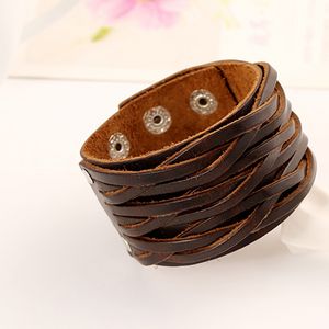 Rijen breed weae vlecht lederen bangle manchet multilayer wrap knop verstelbare armband pols voor mannen vrouwen mode sieraden zwart