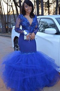 Royal Black Girls Blue 2019 Mermaid Prom Dresses V Beads Neck Lace Apliques Apliques Formal Vestidos de fiesta Vestidos de Fiesta Special OCN Estidos