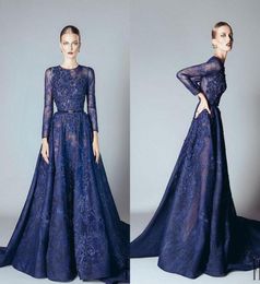 Royal Blue 2016 Ellie Saab Avondjurken Aline Ruffles kralen Appliques Lace Jurken Prom feestjurken lange mouwen Dubai Arabic2153475