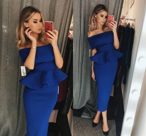 Royal Blue Arabic Dubai korte cocktailjurken off shoulder ruches eenvoudige thee lengte feest jurken avond bescheiden vestidos