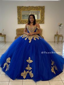 Royal Blue 2022 Quinceanera Robes Appliqued Perlé De L'épaule Princesse Robe De Bal De Bal De Fête Porter Doux 16 Robe Robes Robe De Mascarade