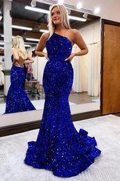 Royal Blue 2023 Prom Vestes Sequins Mermaid One Shoule Spaghetti Correas SEXY Back Back Beaded Sweet Train Haded Evening Party Vestidos Plus Tamaño