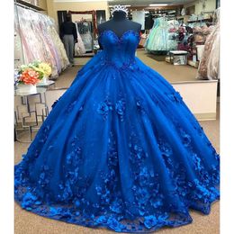 Royal Blue 3d Floral Flowers Ball Jurk Quinceanera Prom Dresses Pears Sweetheart Princess Evening Formele jurken Sweet 16 Vestidos de 0509