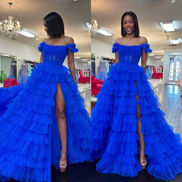 Vestido de fiesta azul real, una línea, falda hinchada con gradas, espaguetis con hombros descubiertos, vestidos de noche formales, vestidos elegantes para ocasiones especiales, vestido de fiesta de tul con abertura en el muslo