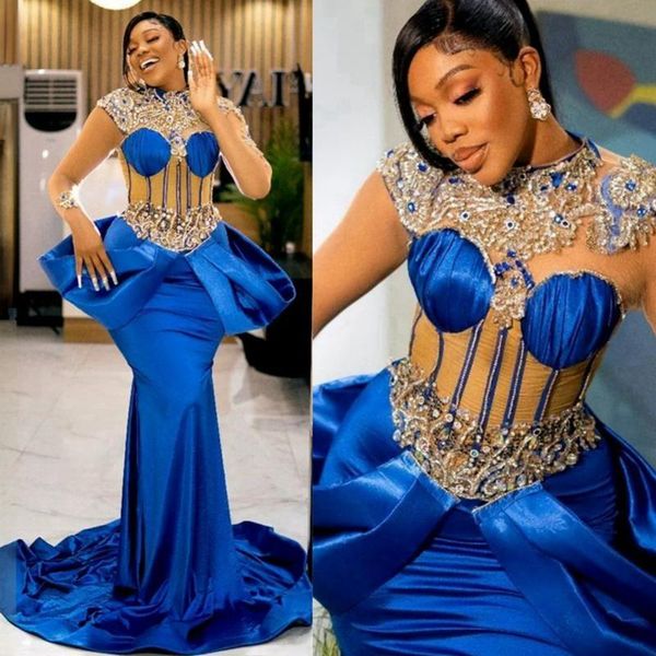 Azul real africano árabe Aso Ebi vestidos de fiesta sirena manga larga encaje con cuentas vestido formal de noche para ocasiones especiales vestido de fiesta de cumpleaños vestido de compromiso NL127