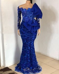 Royal Blue African Avondjurken Kant Beaded Off Shoulder Mermaid Prom Party Jurken met Kant Lange Mouwen Vistido de Festa