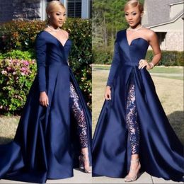 Royal Blue African Jumpsuits Prom Dresses One Shoulder Front Side Slit Pantsuit Evening Jurken Party Jurk 3199