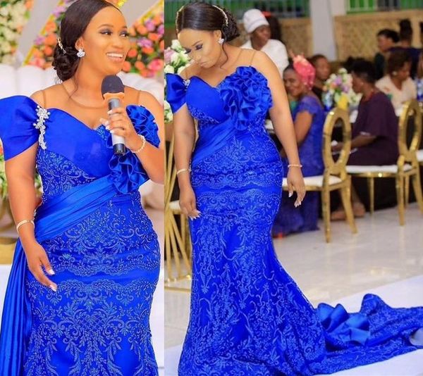 Royal Blue African Prom Dresses Big Bow Ruffles Apliques de encaje Con cuentas Aso Ebi Árabe Sirena Vestidos de noche Vestidos abendkleider