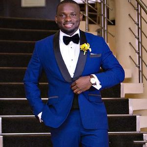 Royal Blue African Wedding Tuxedo voor Bruidegom Slim Fit Mannen Past met Zwarte Sjaal Revers 2 stuk Mannelijke Fashon Jas Broek 2021 X0909