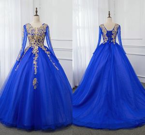 Royal Blue and Gold Applique Robes de Soirée Prom Jurken Baljurk 2020 Lange Mouwen Juweel Lace-up Quinceanera Jurk Sweet 16 Girls Avond