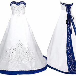 Royal Blue and White Corset Wedding Jurk 2024 Princess Satijn Vatje Back Court Train Lange Embodiery Wedding Jurk