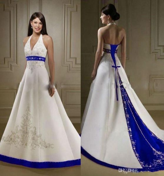 Vestidos de novia bordados en azul real y blanco, cabestro con cuentas de encaje, corsé con cordones, tren de barrido trasero, boda en la iglesia del jardín nupcial Go1275722