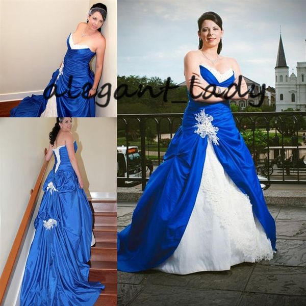 Vestidos de novia góticos en azul real y blanco 2019 Vintage Sweetheart Lace Stain Lace-up Corset Church Garden Vestido de novia nupcial 224n