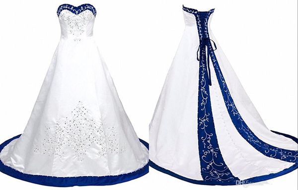 Robe de mariée bleu royal et blanc broderie princesse satin une ligne à lacets dos tribunal train paillettes perlées longue mariage pas cher Gow263E