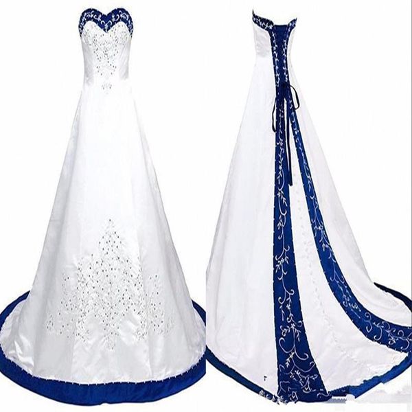 Robe de mariée bleu royal et blanc broderie princesse satin une ligne à lacets dos tribunal train paillettes perlées longue mariage pas cher Gow221W