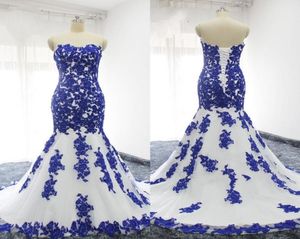 Royal Blue Applique Lace Mermaid Wedding Jurken Strapless kralen pailletten plus size bruidsjurk voor dames feest bruids custom fo2230034