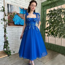 Royal Blue Appliqued Prom -jurken korte enkellengte avondjurken vierkante halslijn tule een lijn formele jurk