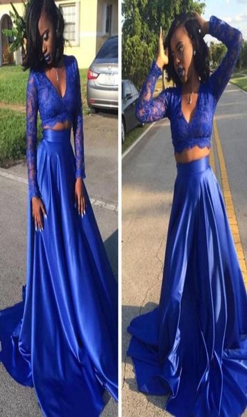 Vestido de graduación de color azul real de azul sudafricano Dos piezas Aline Vneck Long Graduation Dress Gran tallas de noche Vista de fiesta barata5917688