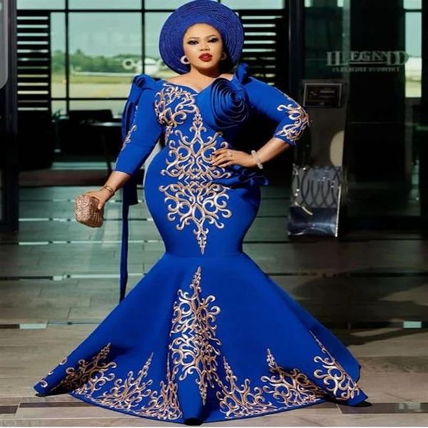 Royal Blue Árabe Mujeres Sirena Vestidos de noche Robe De Soiree Satén Madre de los vestidos de novia 3 4 mangas Tallas grandes Formal Party2597