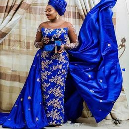 Bleu royal Aso Ebi robe de soirée 2020 Nigeria saoudien grande taille robes de soirée de bal dentelle Appliques détachable Train célébrité Dress249u