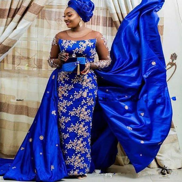 Bleu Royal Aso Ebi robe de soirée 2020 nigéria saoudien grande taille robes de soirée de bal dentelle Appliques détachable Train robe de célébrité