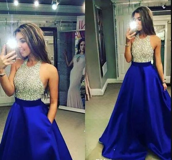 Robe de bal bleu royal robes de bal 2018 licou sexy longues robes de bal tache robes de soirée avec corsage de perles scintillantes pour les adolescents de