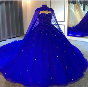 Royal Blue Ball-toga Prom Jurken Kralen Kant Applicaties Avondjurken met Wraps Tiered Rokken Feestjurk Roken De Soirée