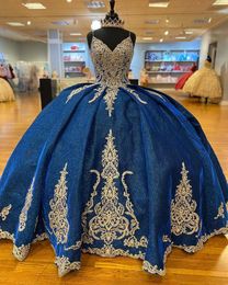 Royal Blue Ball Gown Quinceanera Dresses Sequin Beaded Spaghetti Straps vestidos de 15 años Appliqued Sweep Train Sweet 16 Dress