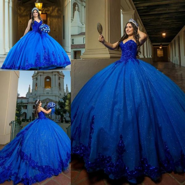 Robe de bal bleu royal robe de Quinceanera avec manches détachables chérie tulle dentelle appliques corset à lacets douce 16 robe tenue de soirée sur mesure