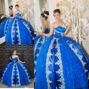 Robe de bal bleu royal chérie Corset robes de soirée de bal dos nu appliques perles volants 2017 robes de Quinceanera sur mesure