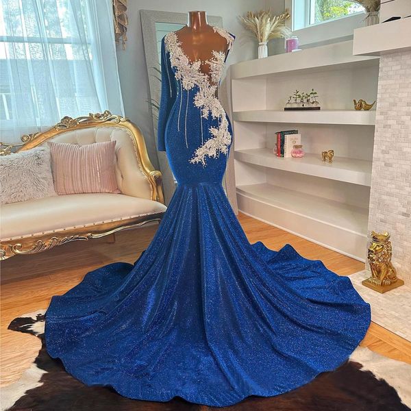 Robes de bal dos nu perlées bleu royal robes de soirée appliquées sirène avec manches longues col de bijou transparent occasion spéciale vêtements de cérémonie