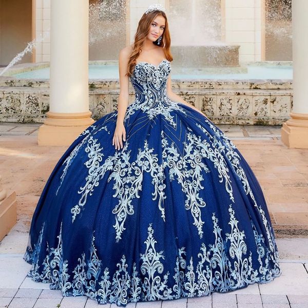 Robe de bal perlée bleu royal robes de Quinceanera avec veste col en coeur dentelle appliquée robes de bal paillettes tulle douce 15 robe