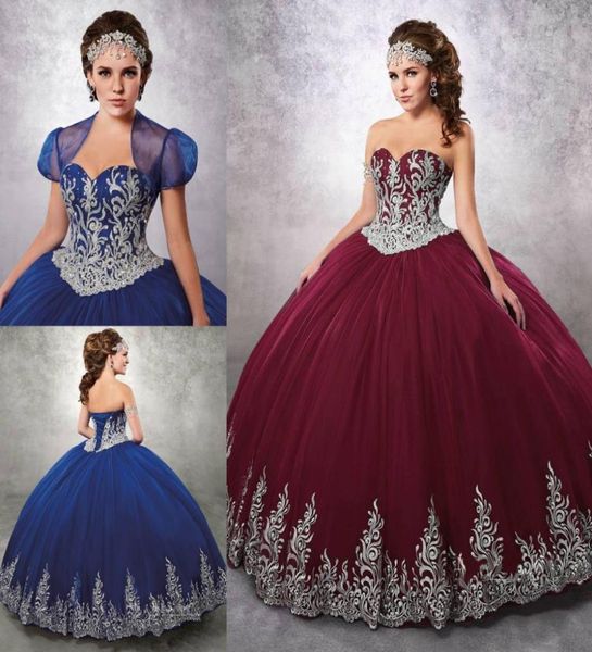 Vestidos de quinceanera de bolas de bolas de color azul real bordados de bordado con cuello con chaqueta con chaqueta aplicada dulce 16 vestido 6828729