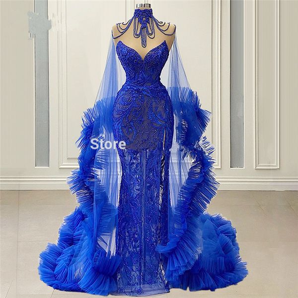 Bleu Royal Perles Couture Robes Avec Wrap Party Night Dubaï Robe De Soirée Chic Abendkleider Arabe Robes De Soirée De Bal