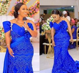 Royal Blue Black Girls Mermaid Evening Jurken South Africa Nigeria Emboridery Ruched Crystals Prom Jurns Plus Size Ocn Dress