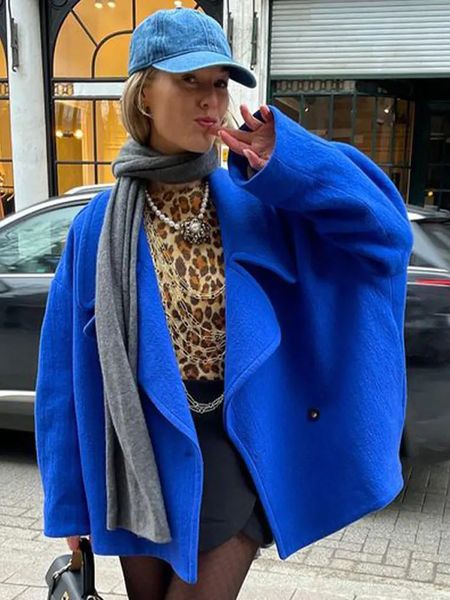 Bleu Royal Blazer Col Bomber Goutte Épaule Veste Un Bouton À Manches Longues Oversize Lâche Femmes Manteau Automne Hiver Chic Outwear 231225