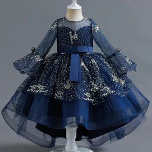 Royal Blue Boho Flower Girl Dresses Bloem Kids Birthday Pageant -jurken voor fotoshoot tule lovertjes High Low First Holy Communion Dress