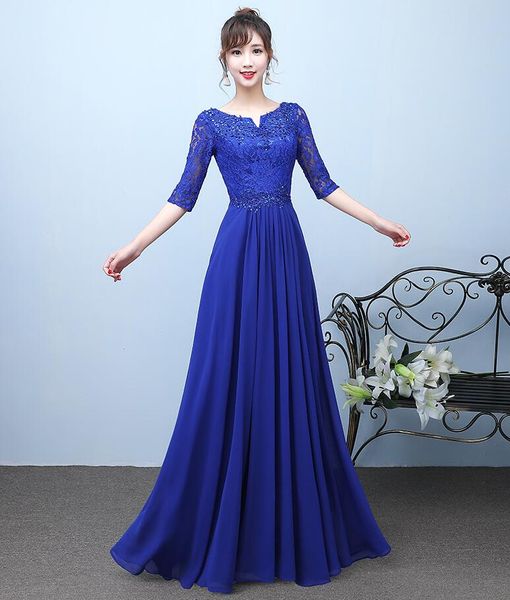 Königsblaue Brautjungfernkleider, langes Chiffonkleid mit Perlenapplikationen, beliebtes Kleid für Hochzeitsgäste, Kleid der Trauzeugin