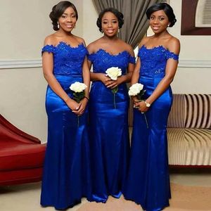 2022 Royal Blue Bridesmeisje Jurken Plus Size Kant Applicaties Bruiloft Gastjurk voor Black Girls Off Shoulder Mermaid Maid of Honour Town Custome