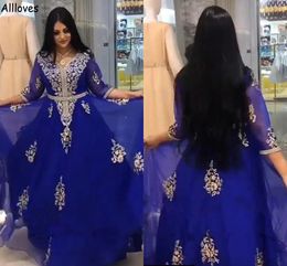 Royal Blue Caftan Dubai Arbaic Marokkaanse prom -jurken Appliqued Lace Half Sheeves A Line Chiffon Avondjurken Women Speciale afspraak feestkleding Vestidos CL1733