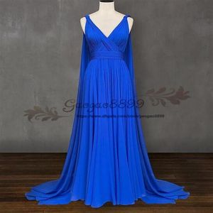 koningsblauw chiffon avond formele jurken echte bescheiden sexy v-hals met lange cape saudi arabië gelegenheid prom feestjurk bridesmaid227a
