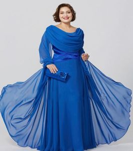 Robes mère de la mariée en mousseline de soie bleu royal, col bijou, manches longues, grande taille, robe de soirée, longueur au sol, robes de soirée formelles7401458