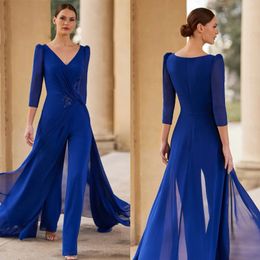 Royal Blue Chiffon Mother of the Bride Suits v Neck 3/4 Sleeve Outfit voor bruiloft Gast Draag Lange jaspakpak Moeder Jurk