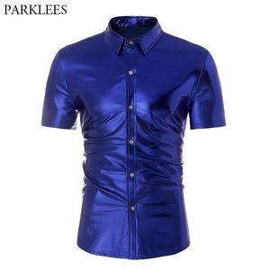 Royal Blue Coated Metallic Shirt Mannen Stage Dance Prom Night Club Draag Heren Korte Mouw Slim Fit Elastische Shirt Chemise Homme 210522